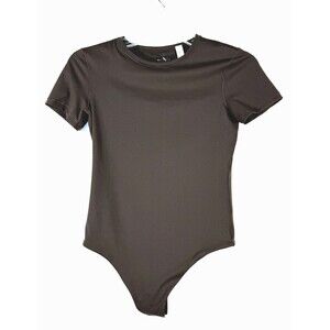 Athleta BodyMove Short Sleeve Crew Bodysuit Truffle Brown Thong XS NWOT